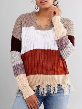 Buckle Daytrip Destructed Color Block Sweater Warm Tones Knit Medium Women’s